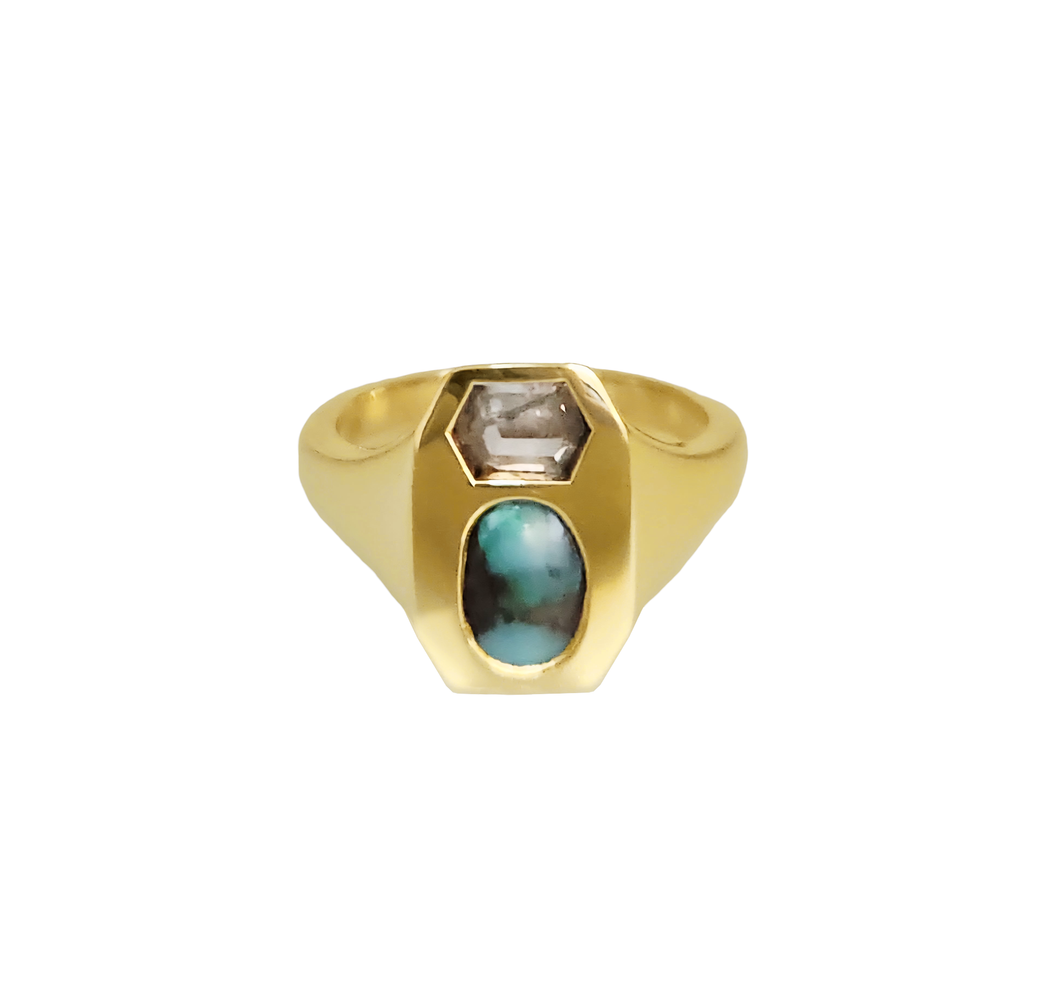 One-of-a-Kind Vertical Signet Ring with Rosecut Diamond and Australian Opal