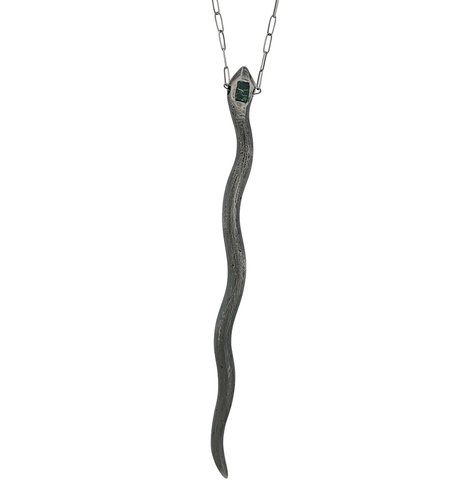 Oxidized Silver Serpent Pendant with Teal Green Baguette