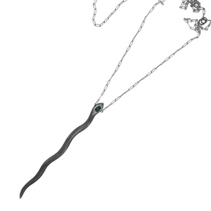Oxidized Silver Serpent Pendant with Teal Green Baguette